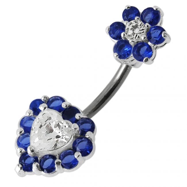 925 Sterling Silver Jewelled Heart & Flower Spinal Belly Button Ring