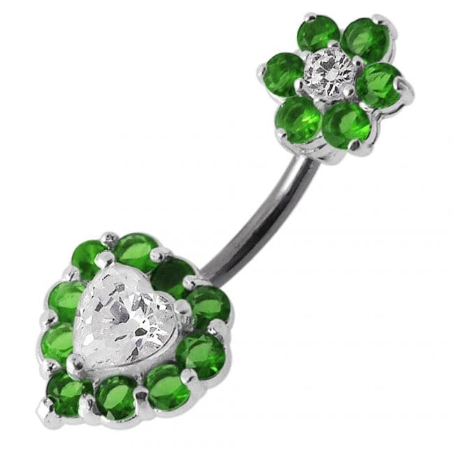 925 Sterling Silver Jewelled Heart & Flower Spinal Belly Button Ring
