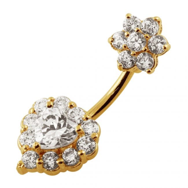 925 Sterling Silver Jewelled Heart & Flower Spinal Belly Button Ring