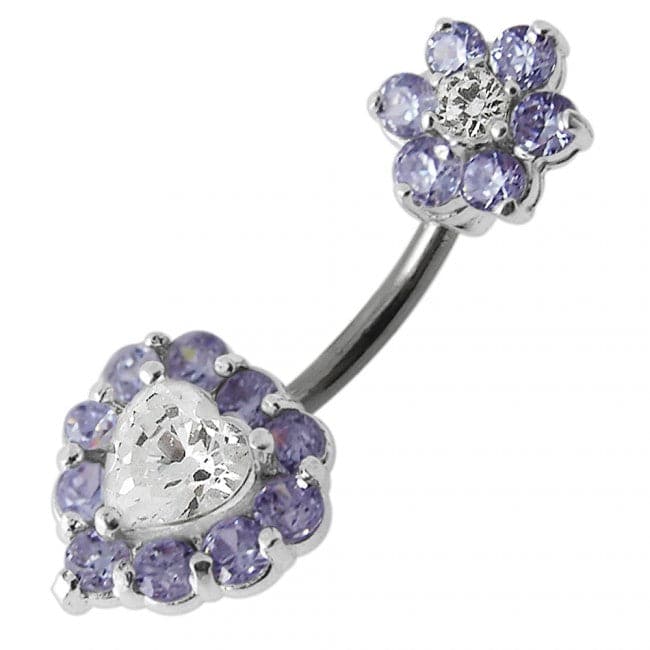 925 Sterling Silver Jewelled Heart & Flower Spinal Belly Button Ring