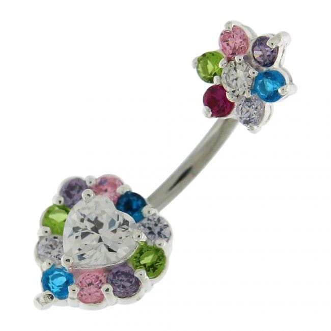 925 Sterling Silver Jewelled Heart & Flower Spinal Belly Button Ring