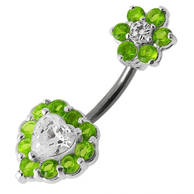 925 Sterling Silver Jewelled Heart & Flower Spinal Belly Button Ring