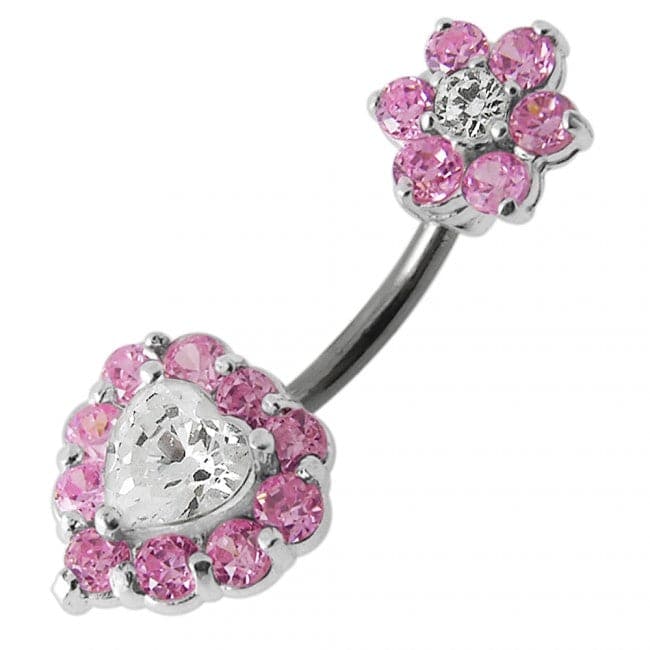 925 Sterling Silver Jewelled Heart & Flower Spinal Belly Button Ring