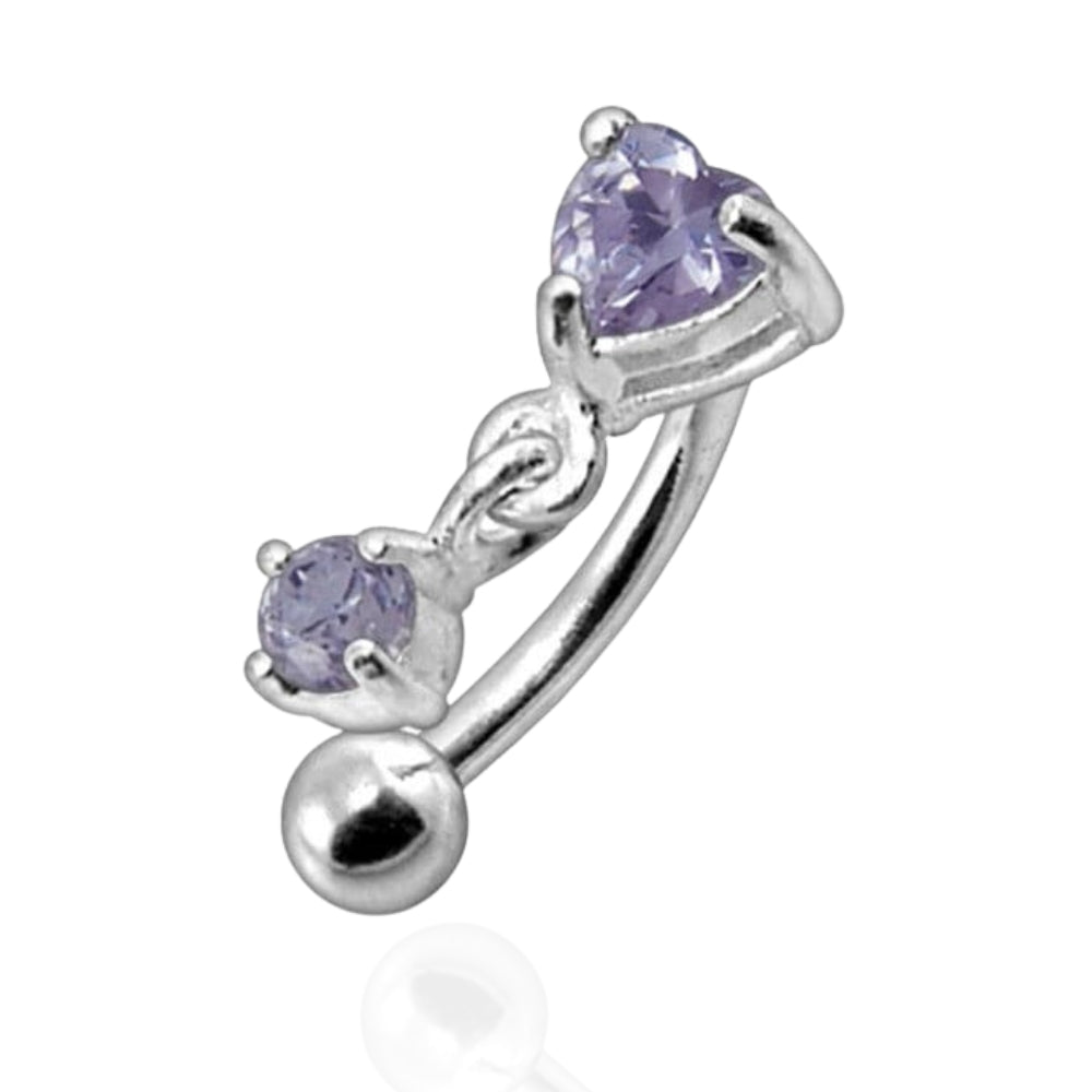 925 Sterling Silver Rhinestone Jewelled Heart with Dangle Curved Barbell Eyebrow | Rook | Bridge Ring