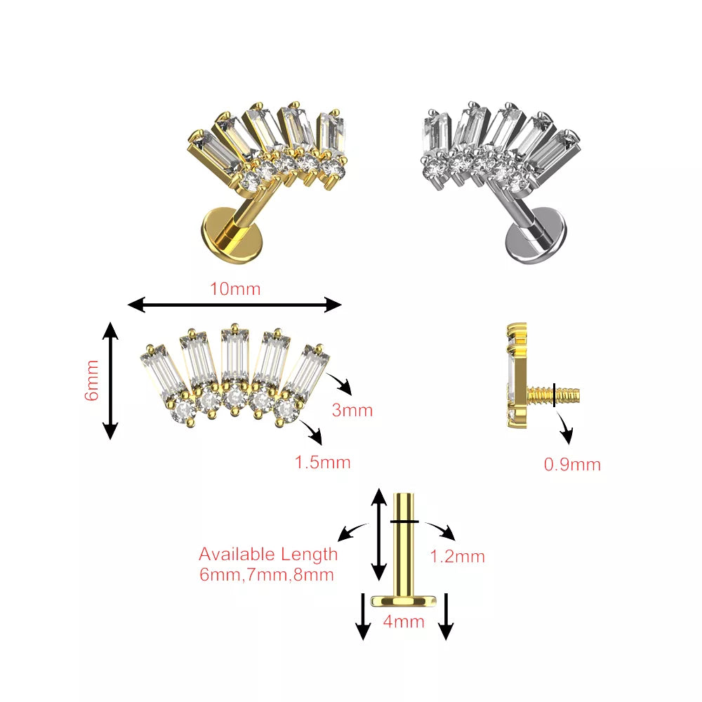 316L Surgical Steel Baguette CZ Internally Threaded Flatback Stud