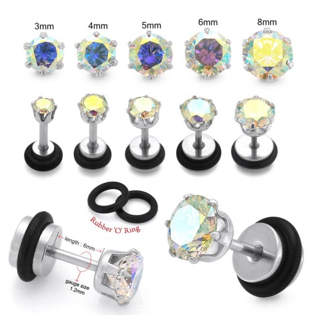 316L Surgical Steel Aurora Borealis Colour CZ Jewelled Fake Ear Plug with Drum