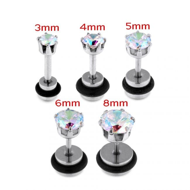 316L Surgical Steel Aurora Borealis Colour CZ Jewelled Fake Ear Plug with Drum