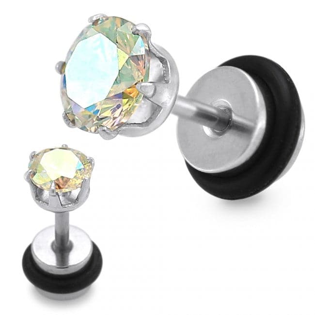 316L Surgical Steel Aurora Borealis Colour CZ Jewelled Fake Ear Plug with Drum