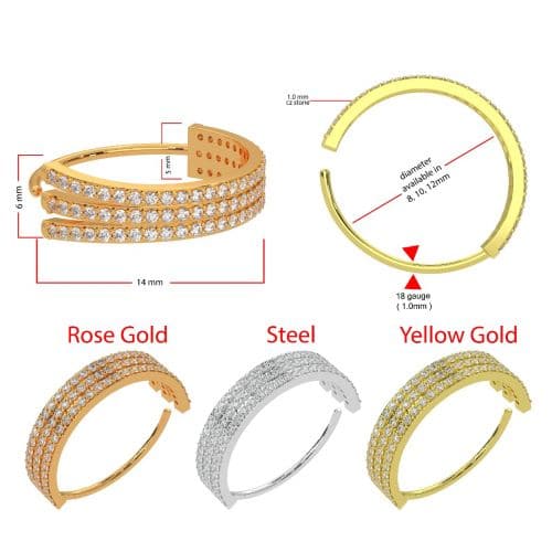 316L Surgical Steel Triple Line CZ Jewelled Bendable Flexy Cartilage Hoop