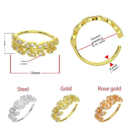 316L Surgical Steel CZ's Jewelled Leaves Bendable Cartilage Hoop
