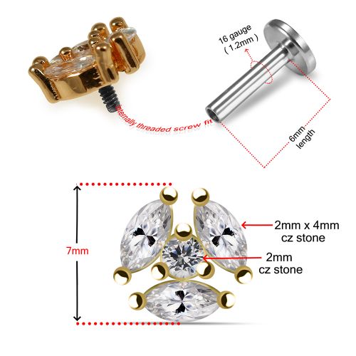 316L Surgical Steel Tri Marquise CZ Jewelled Internally Threaded Top with Flatback Stud