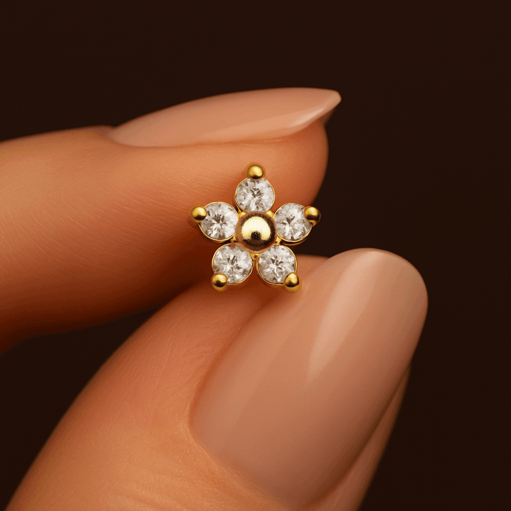 9K Gold Floral Flower Jewelled Nose Stud