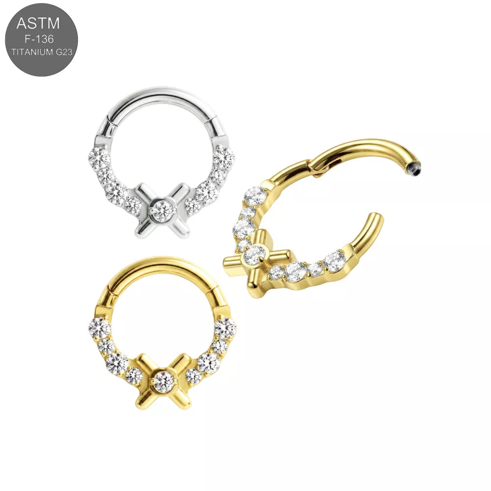 G23 Titanium Round CZ Cross Hinged Segment Clicker Ring