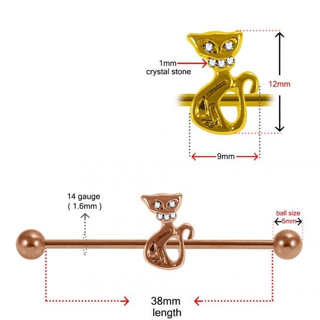 316L Surgical Steel CZ Studded Cat Industrial Barbell
