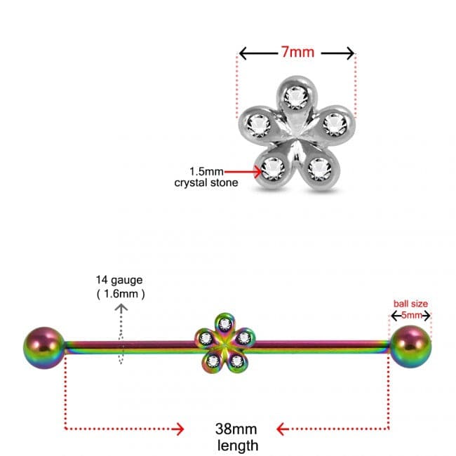 316L Surgical Steel With Anodised CZ Studded Daisy Industrial Barbell