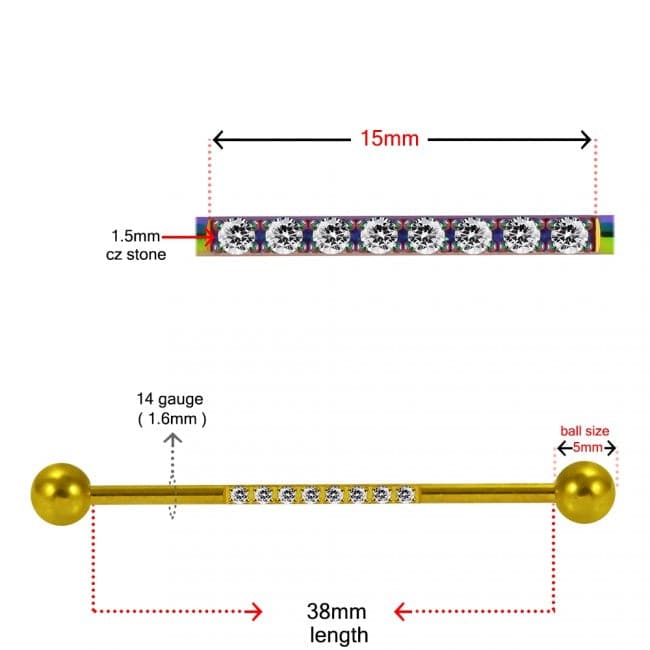 316L Surgical Steel 8 Cubic Zirconia Jewelled Industrial Barbell