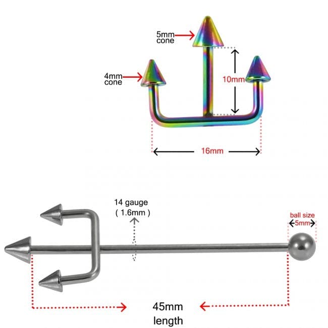316L Surgical Steel Trident Industrial Barbell