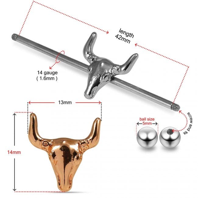 316L Surgical Steel Industrial Barbell With Bull Head