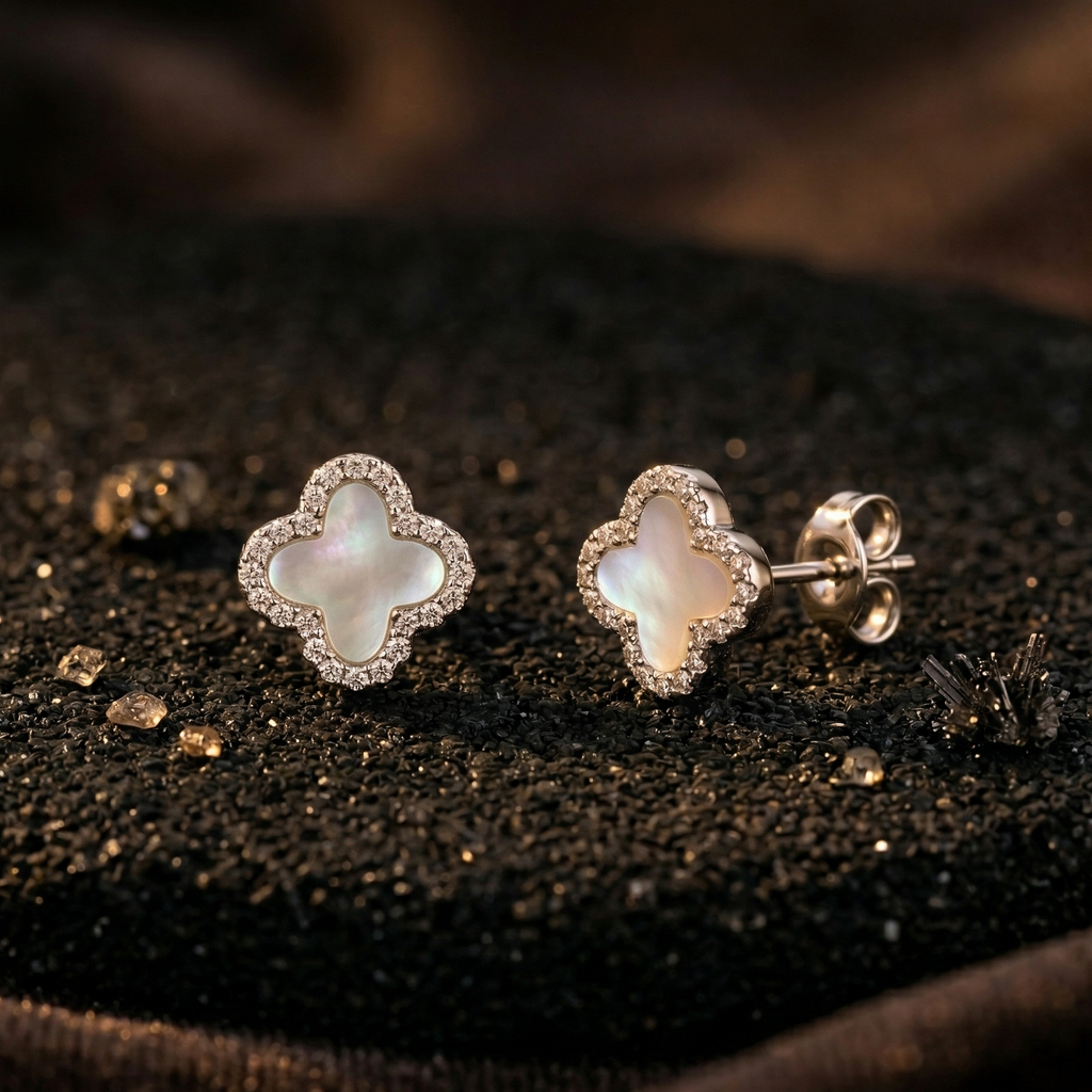 925 Sterling Silver Rhodium Plated Iridescent Clover Stud Earrings