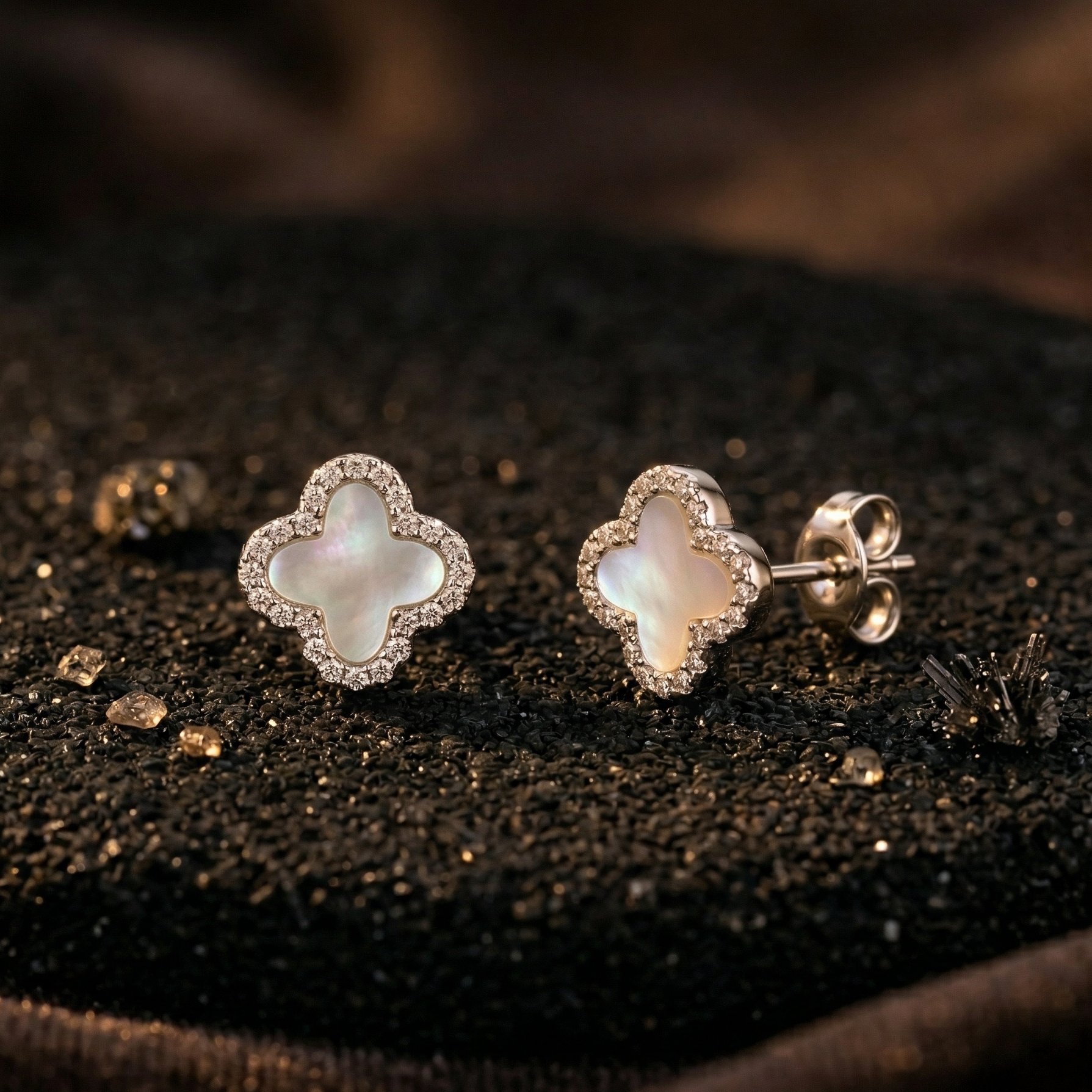 925 Sterling Silver Rhodium Plated Iridescent Clover Stud Earrings