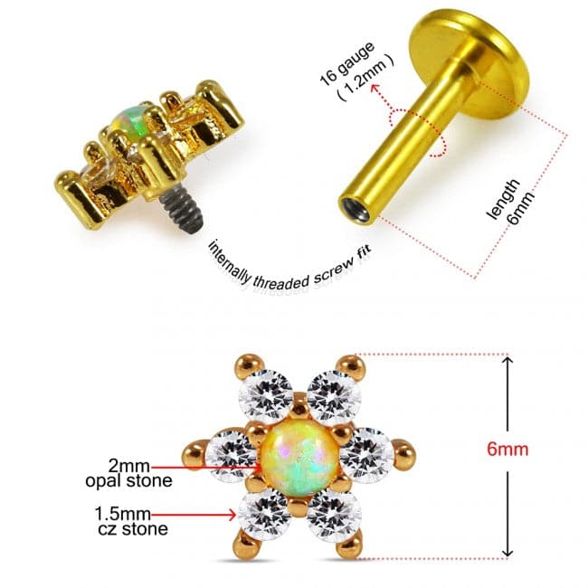 316L Surgical Steel Opal Center Flower Prong Set 6 CZ Cartilage Stud
