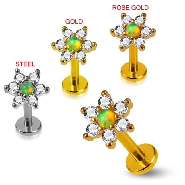 316L Surgical Steel Opal Center Flower Prong Set 6 CZ Cartilage Stud