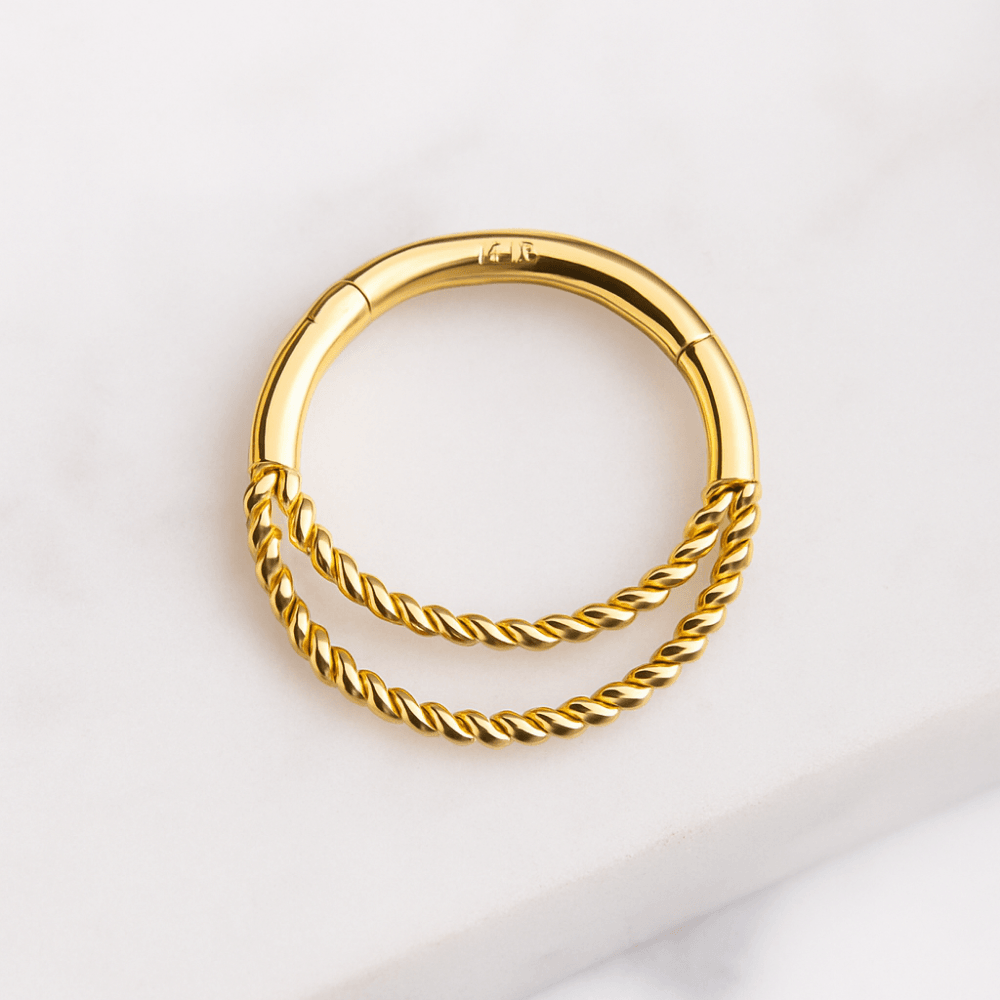 14K Gold Twisted Double Ring Segment Clicker Ring