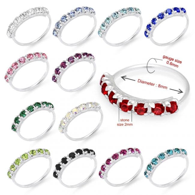 925 Sterling Silver 7 CZ's Paved Seamless Continuous Nose Hoop Ring