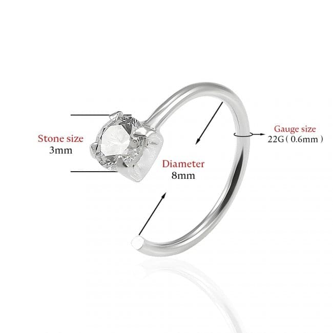 925 Sterling Silver Round Jewelled Claw Set Open Hoop Nose Ring