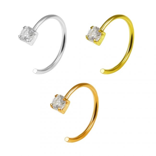 925 Sterling Silver Round Jewelled Claw Set Open Hoop Nose Ring