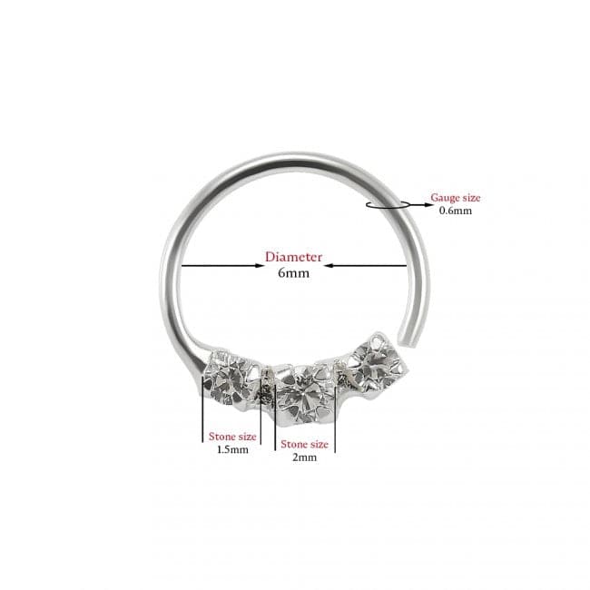 925 Sterling Silver 3 CZ Paved Nose Hoop Ring