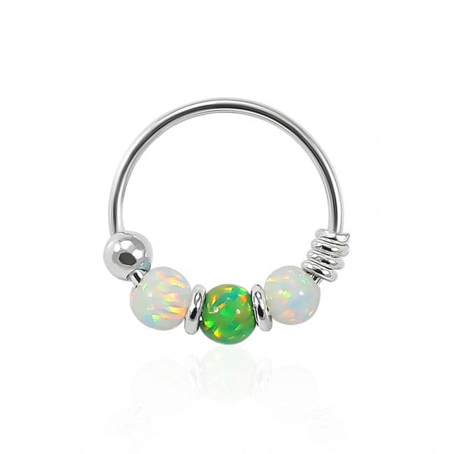 925 Sterling Silver AB with Green Opal Bead in Center Nose Hoop Ring