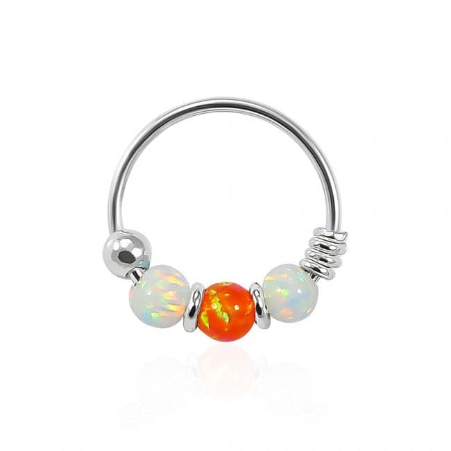 925 Sterling Silver White with Orange Opal Bead in Center Nose Hoop Ring