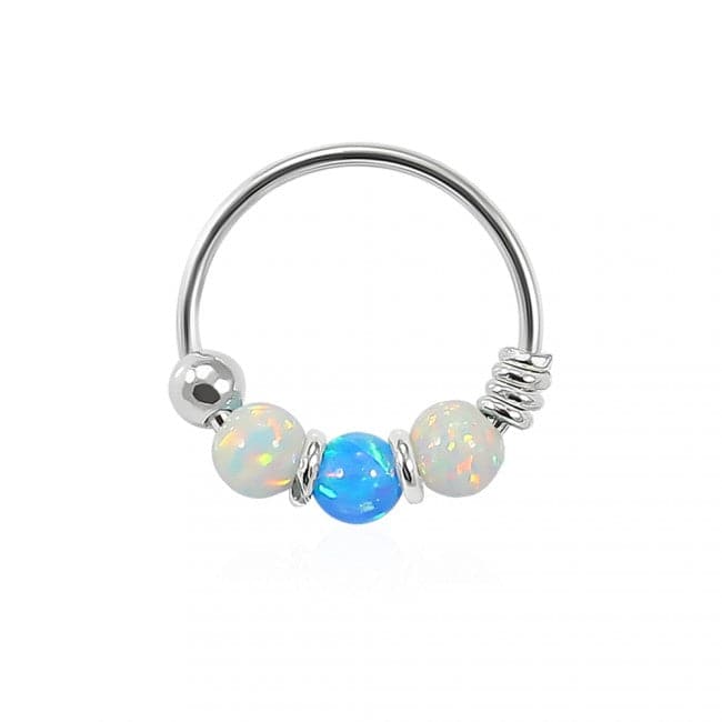 925 Sterling Silver AB with Dark Blue Opal Bead in Center Nose Hoop Ring