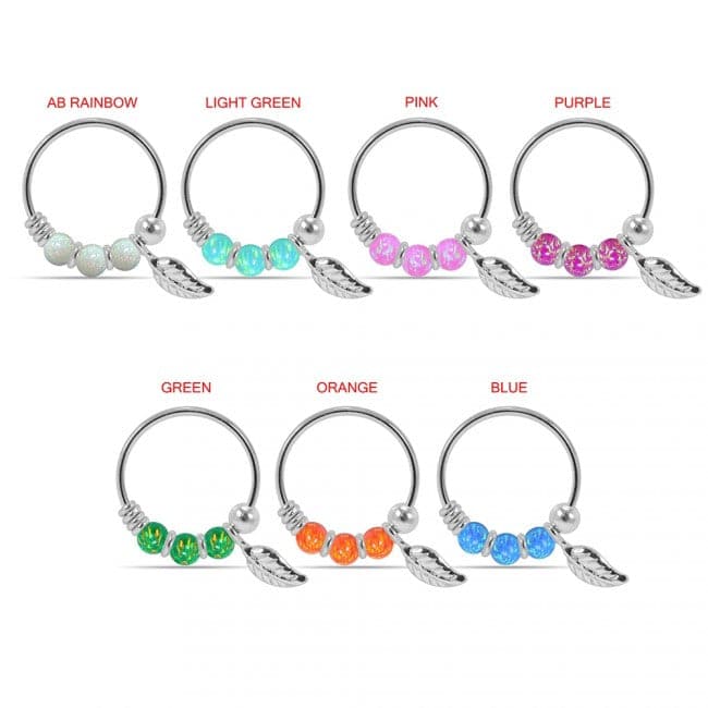 925 Sterling Silver Opal Bead with Leaf Charm Nose Hoop Ring