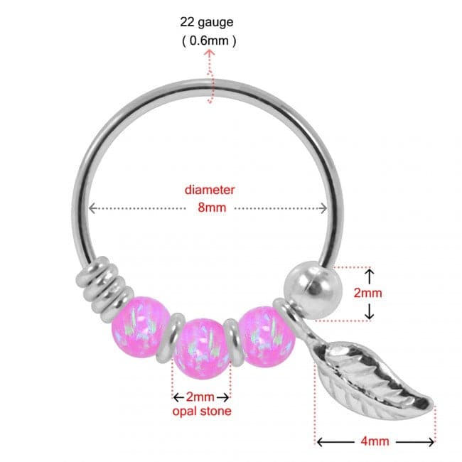 925 Sterling Silver Opal Bead with Leaf Charm Nose Hoop Ring