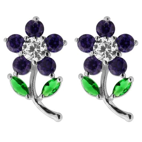 925 Sterling Silver Jewelled Daisy with Leaf Ear Stud