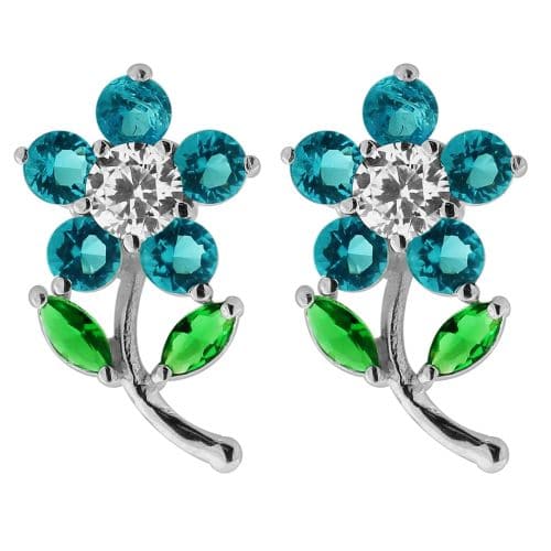 925 Sterling Silver Jewelled Daisy with Leaf Ear Stud