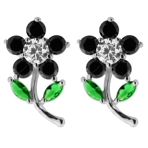 925 Sterling Silver Jewelled Daisy with Leaf Ear Stud
