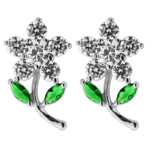 925 Sterling Silver Jewelled Daisy with Leaf Ear Stud