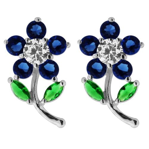 925 Sterling Silver Jewelled Daisy with Leaf Ear Stud
