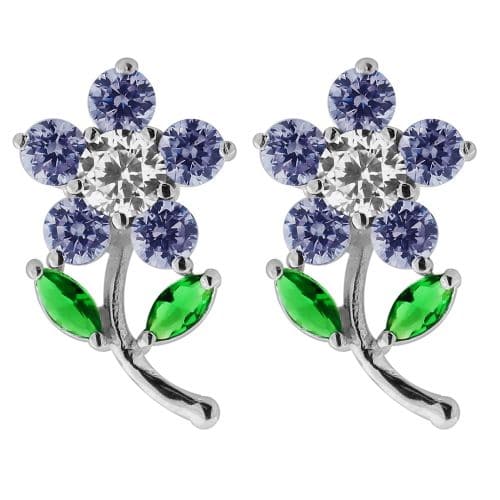 925 Sterling Silver Jewelled Daisy with Leaf Ear Stud