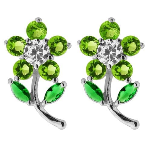 925 Sterling Silver Jewelled Daisy with Leaf Ear Stud