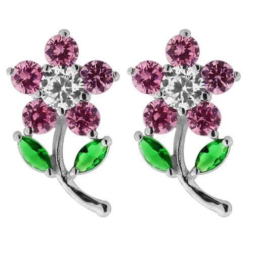 925 Sterling Silver Jewelled Daisy with Leaf Ear Stud