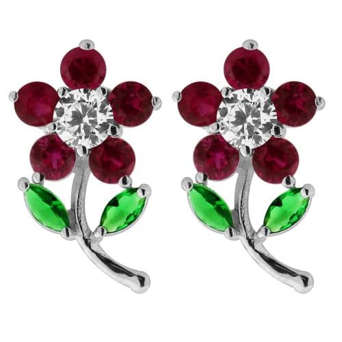 925 Sterling Silver Jewelled Daisy with Leaf Ear Stud