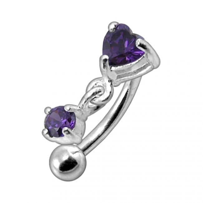 925 Sterling Silver Rhinestone Jewelled Heart with Dangle Curved Barbell Eyebrow | Rook | Bridge Ring