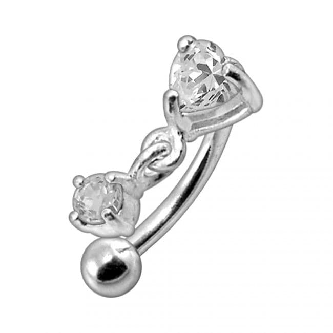 925 Sterling Silver Rhinestone Jewelled Heart with Dangle Curved Barbell Eyebrow | Rook | Bridge Ring
