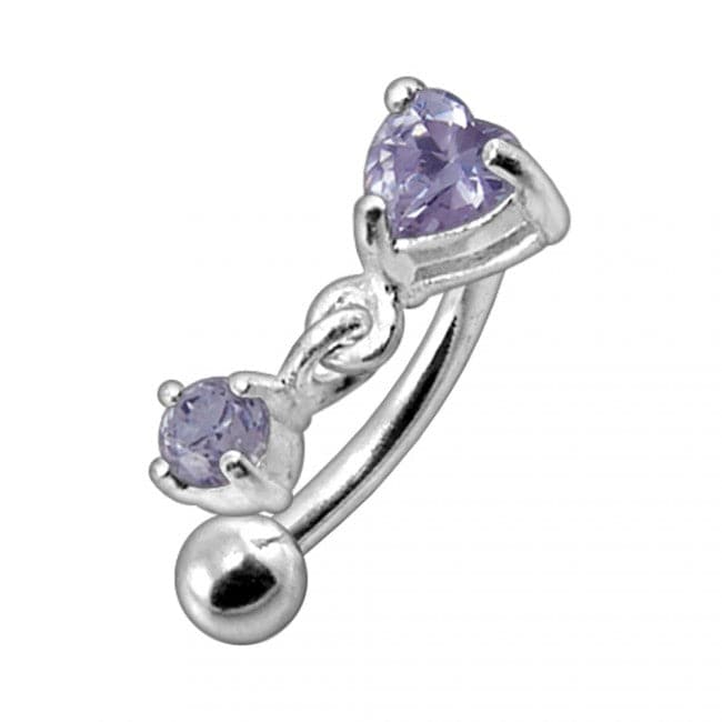 925 Sterling Silver Rhinestone Jewelled Heart with Dangle Curved Barbell Eyebrow | Rook | Bridge Ring