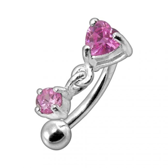 925 Sterling Silver Rhinestone Jewelled Heart with Dangle Curved Barbell Eyebrow | Rook | Bridge Ring