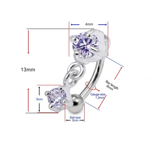 925 Sterling Silver Round CZ Jewelled Dangling Curved Barbell Eyebrow | Rook | Bridge Ring